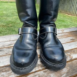 John Fluevog Angels Moto Engineer Boots, black and size 9.